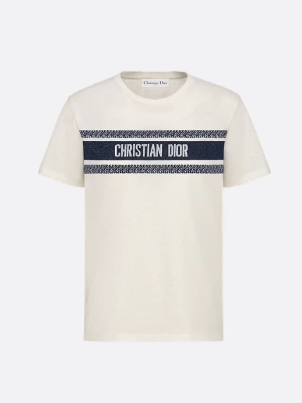 Dior White T-Shirt with Navy Logo Stripe